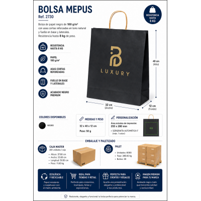 Bolsa de papel negra premium personalizada con asas y logotipo para tiendas