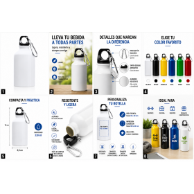 Botella de aluminio personalizada de 330 ml con mosquetón y logotipo para empresas