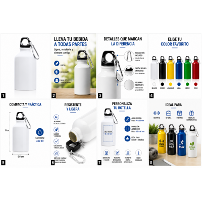 Botella de aluminio personalizada de 330 ml con mosquetón y logotipo para empresas