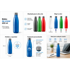 Botella de cristal personalizada de 650 ml con tapón de acero inoxidable para empresas
