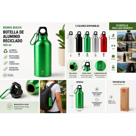 Botella de aluminio reciclado personalizada de 400 ml con mosquetón para empresas