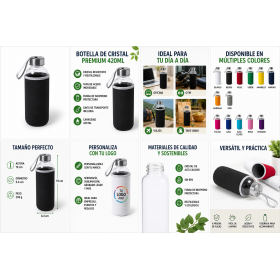 Botella de cristal personalizada de 420 ml con funda de neopreno para empresas