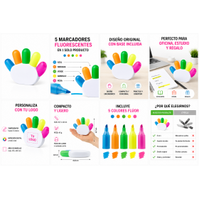 Set de 5 marcadores fluorescentes personalizado con base y logotipo para empresas