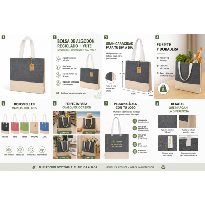 Bolsa Tote premium de algodón reciclado y yute con fuelle personalizada para empresas