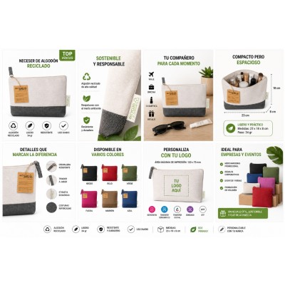 Neceser de algodón reciclado con base de color personalizado para empresas
